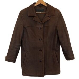 LEATHER jacket chocolate brown fully lined. 3/4 length with pockets
